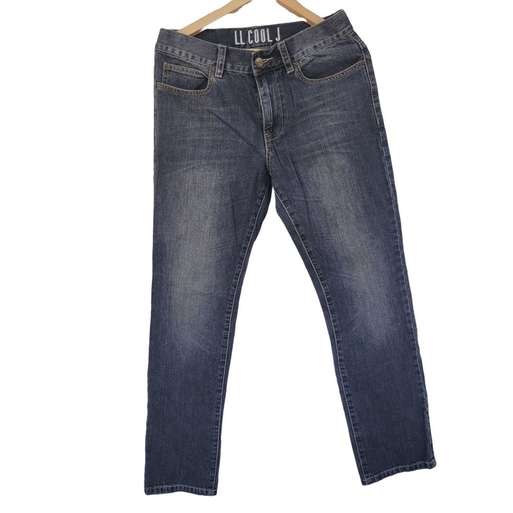 LL Cool J Mens Fading and Whiskering Black Denim Jeans, Size 30x32 Cotton